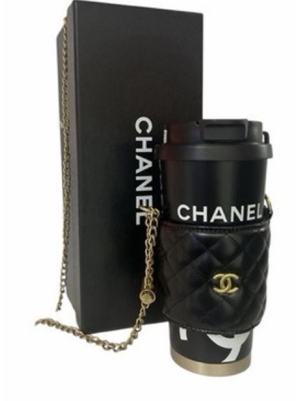 Tumbler crossbody Quilted Leather Cup Holder with Gold Chain thermos